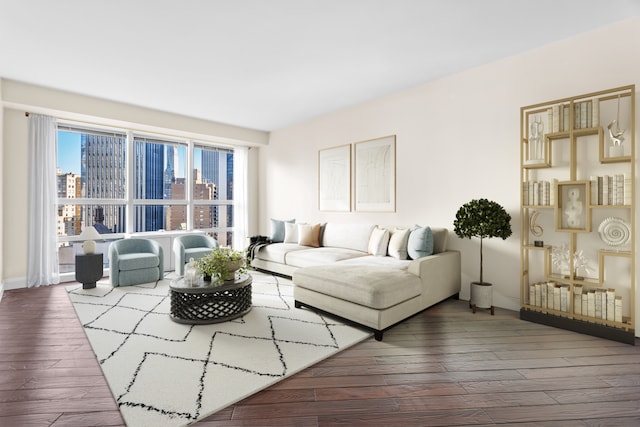 living room featuring a city view, hardwood / wood-style flooring, and radiator