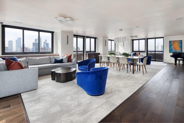 living room with wood-type flooring and a view of skyline