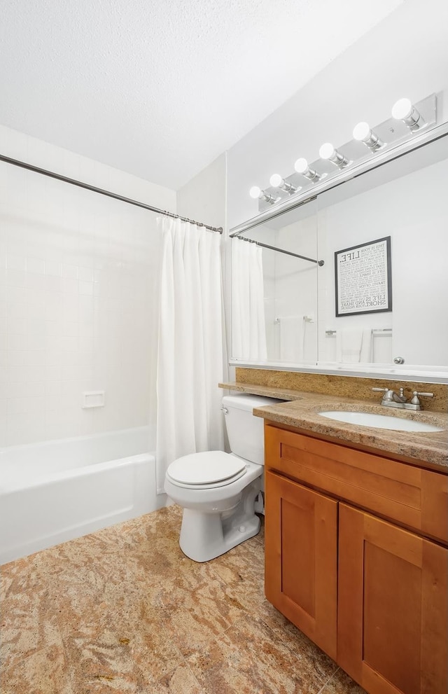 bathroom featuring a textured ceiling, toilet, vanity, and shower / bathtub combination with curtain