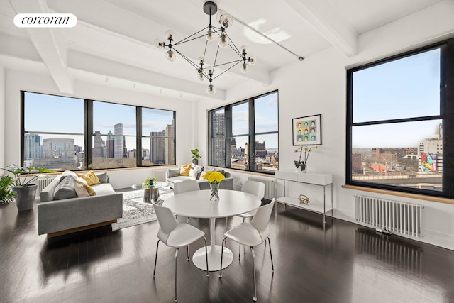 dining area featuring wood finished floors, a view of city, a chandelier, and radiator heating unit