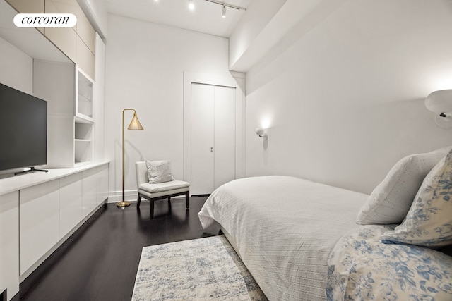 70 Washington St Unit 9G, New York City, NY 11201 - bedroom featuring dark wood finished floors, track lighting, and a closet