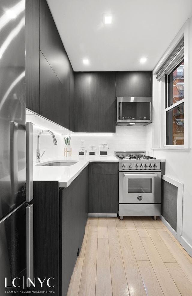 kitchen featuring light countertops, dark cabinetry, light wood-style floors, stainless steel appliances, and a sink