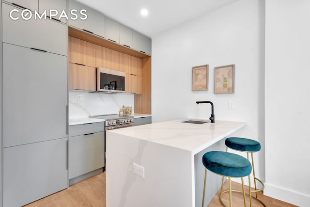 kitchen featuring appliances with stainless steel finishes, a kitchen bar, light wood-style floors, and a sink