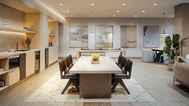 dining room featuring recessed lighting, light wood-type flooring, and wine cooler