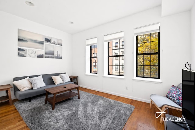 living room with recessed lighting, baseboards, and wood finished floors