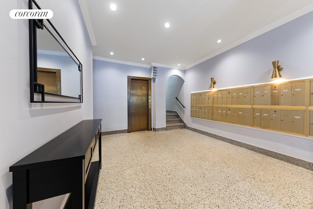 interior space with mail area, ornamental molding, recessed lighting, elevator, and baseboards