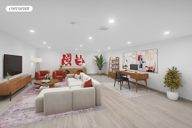 living area with recessed lighting, light wood finished floors, baseboards, and an office area