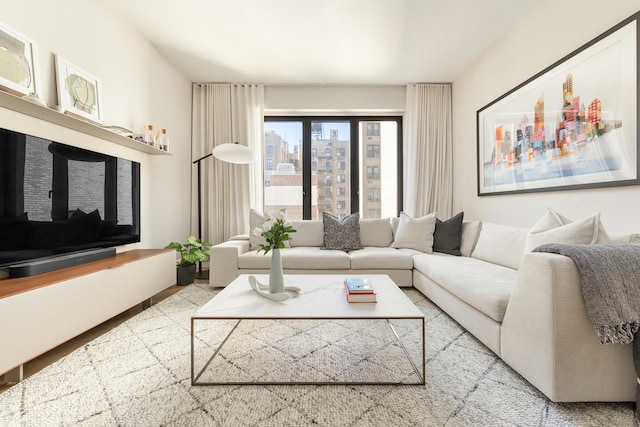 living room featuring a view of city