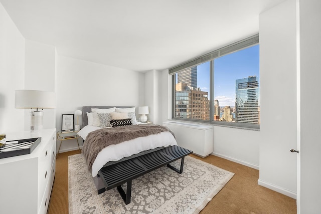 bedroom with light carpet, a city view, and baseboards