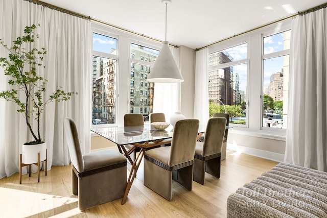 dining space with light wood-type flooring, a view of city, and baseboards