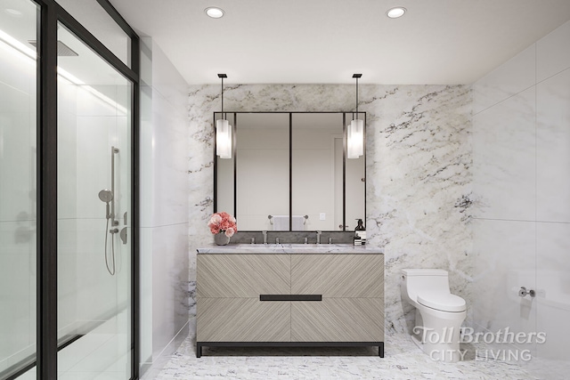 bathroom featuring recessed lighting, toilet, tile walls, and vanity