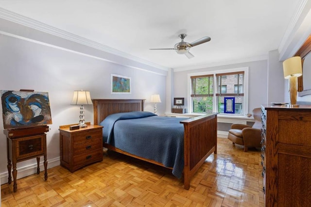 bedroom with ceiling fan, baseboards, and ornamental molding