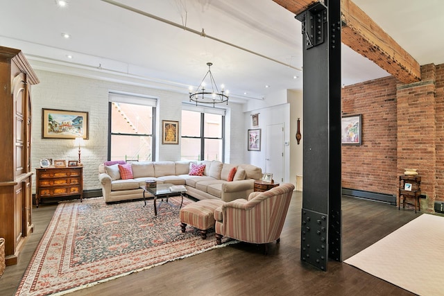 165 Duane St Unit 3D, New York City, NY 10013 - living room with wood finished floors, a baseboard heating unit, brick wall, a chandelier, and beam ceiling