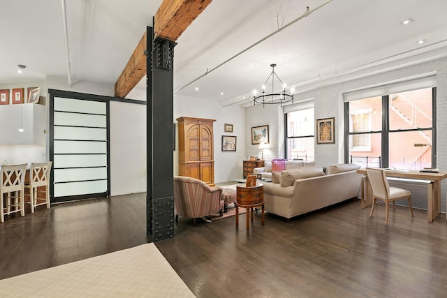 165 Duane St Unit 3D, New York City, NY 10013 - living room with wood finished floors, a chandelier, beam ceiling, and recessed lighting