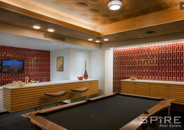 99 John St Unit 1012, New York City, NY 10038 - game room with billiards, wet bar, wood finished floors, tile walls, and recessed lighting