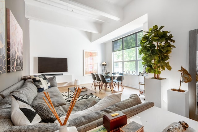 living area featuring beam ceiling and wood finished floors