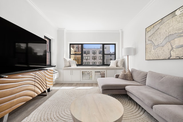 living area with light wood-style floors and ornamental molding