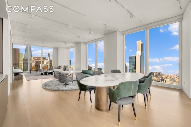 dining room featuring a city view, floor to ceiling windows, rail lighting, and light wood-type flooring