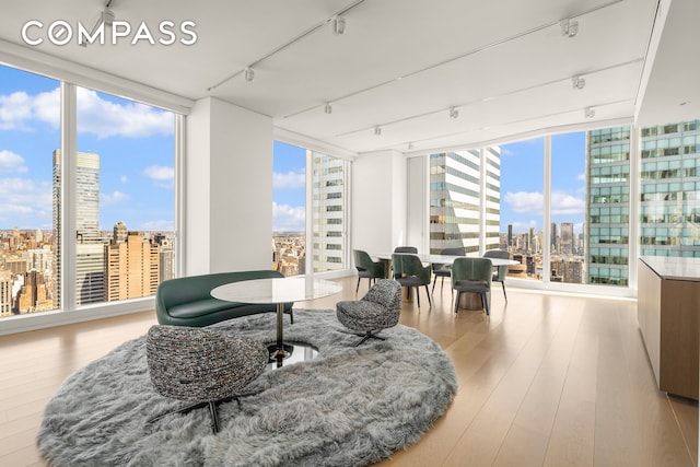 living area with a city view, wood finished floors, and expansive windows