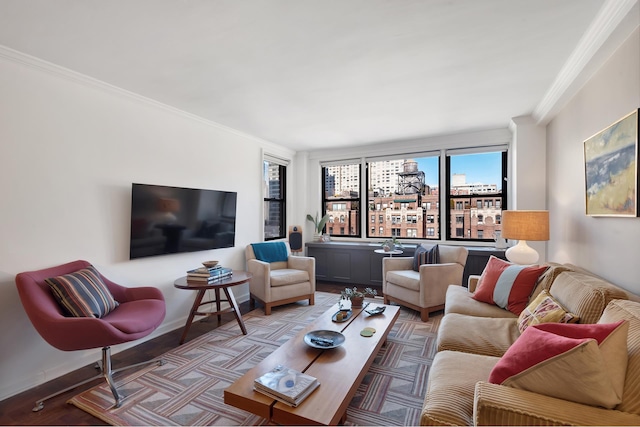 345 E 52nd St Unit 12F, New York City, NY 10022 - living area with crown molding, bar, and light wood-type flooring