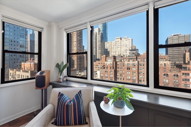 living area with a city view, crown molding, and baseboards