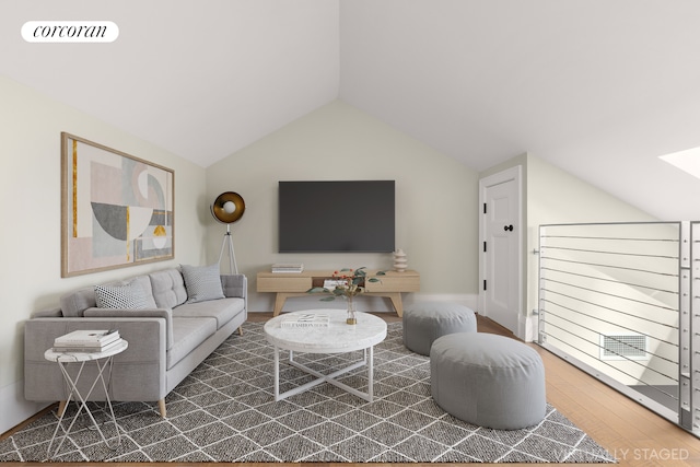 living room with vaulted ceiling, wood finished floors, and visible vents