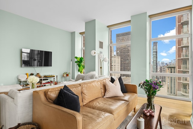 living area with a view of city, wood finished floors, and expansive windows