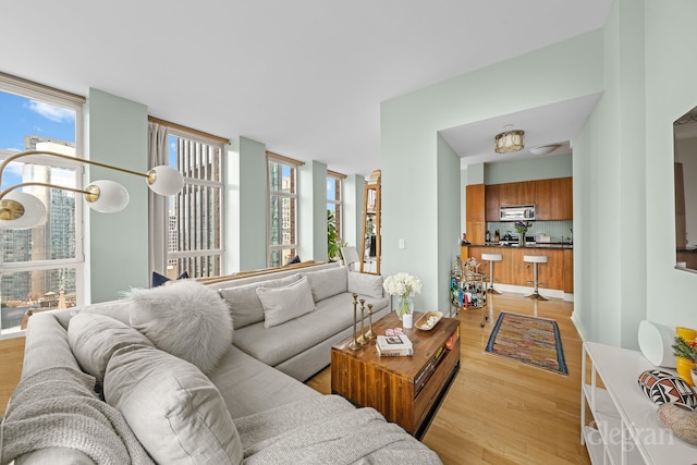 living area featuring light wood-style flooring and floor to ceiling windows