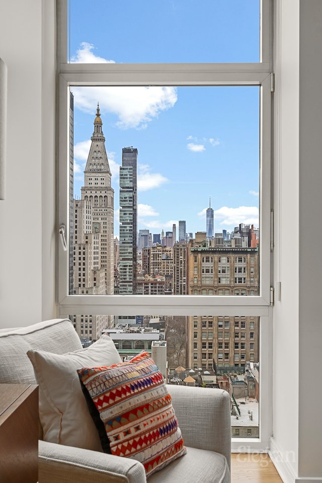 living area with a city view, a healthy amount of sunlight, baseboards, and wood finished floors