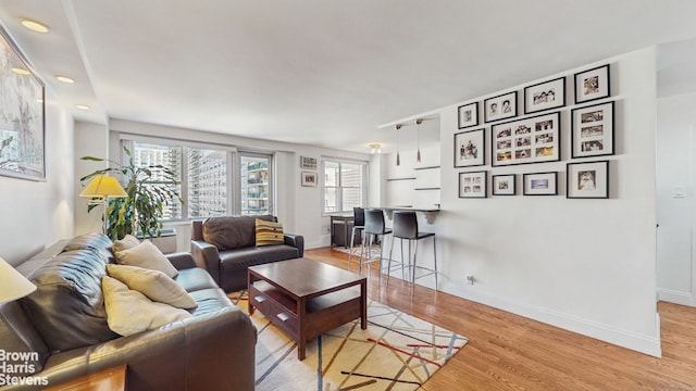 living room with light wood-type flooring and baseboards