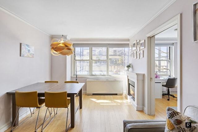 dining room featuring a glass covered fireplace, light wood-type flooring, baseboards, and ornamental molding