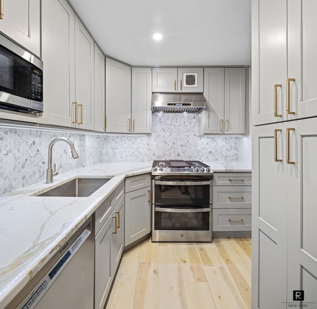 kitchen with under cabinet range hood, stainless steel appliances, gray cabinets, and a sink