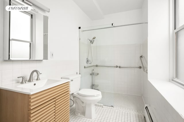 full bath featuring toilet, tile walls, a shower stall, tile patterned flooring, and vanity