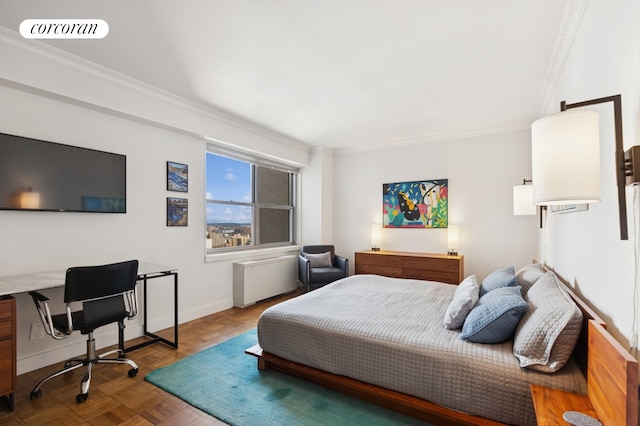 bedroom featuring visible vents, radiator, and ornamental molding