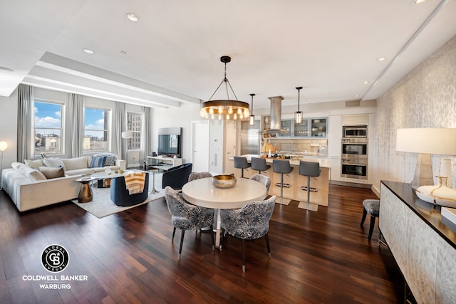 dining area featuring recessed lighting, visible vents, and dark wood-style flooring