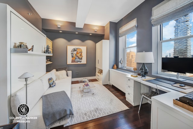 office space with beamed ceiling and dark wood-type flooring