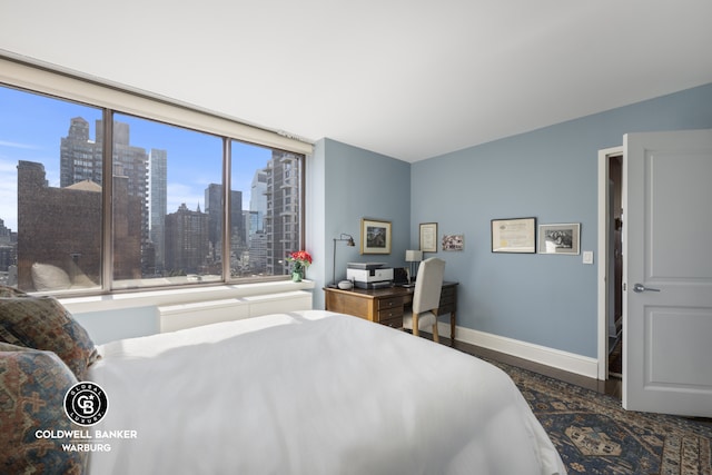 bedroom featuring a skyline view, wood finished floors, and baseboards