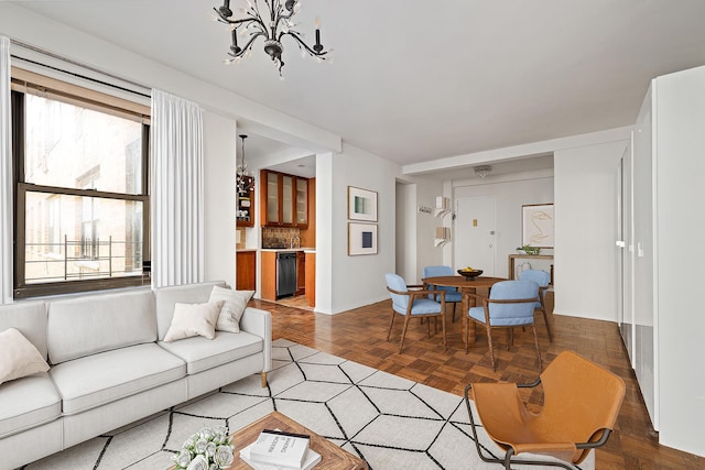 living room featuring a chandelier