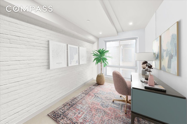 tiled office featuring recessed lighting and brick wall