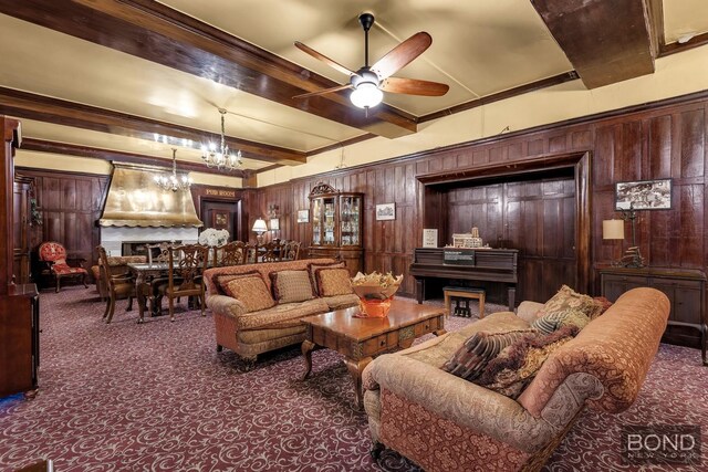 1 Station Sq Unit 311, New York City, NY 11375 - carpeted living area featuring ceiling fan, wooden walls, a chandelier, beamed ceiling, and ornamental molding