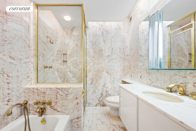 bathroom with vanity, a bath, visible vents, toilet, and marble finish floor