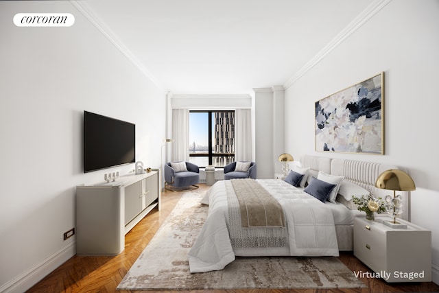 bedroom with crown molding, baseboards, and visible vents