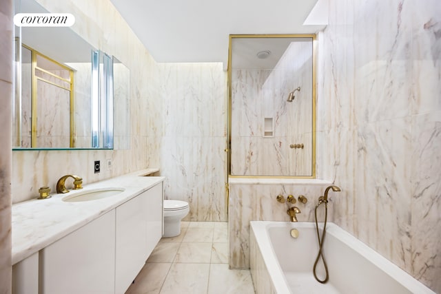 full bath featuring a tub, tile walls, walk in shower, vanity, and toilet