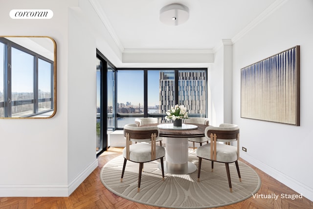 dining space with baseboards, visible vents, and ornamental molding