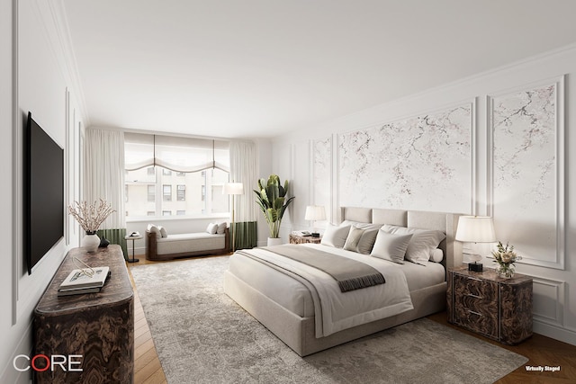 bedroom featuring crown molding and wood finished floors