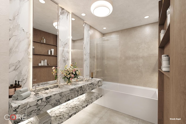 bathroom with tile patterned flooring, recessed lighting, and bathtub / shower combination