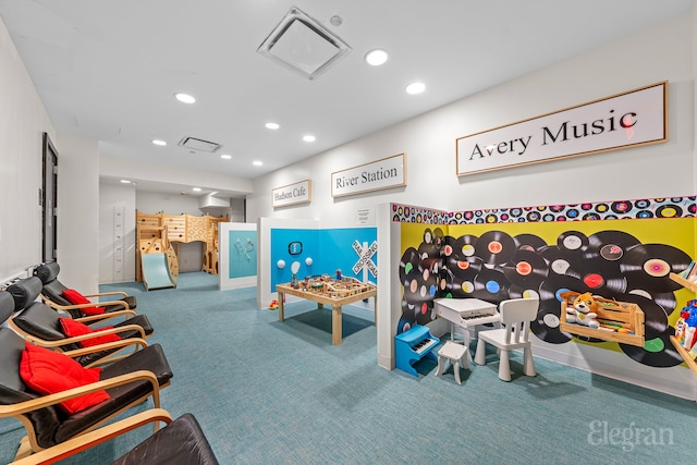 playroom featuring recessed lighting, visible vents, and carpet floors