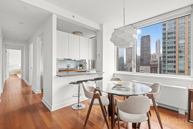 dining space featuring a city view, baseboards, and hardwood / wood-style flooring