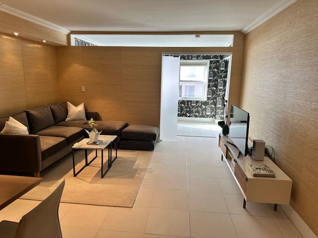 27 E 65th St Unit 7C, New York City, NY 10065 - living room with wallpapered walls, crown molding, and light tile patterned floors