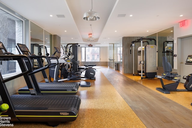 gym featuring recessed lighting and a ceiling fan